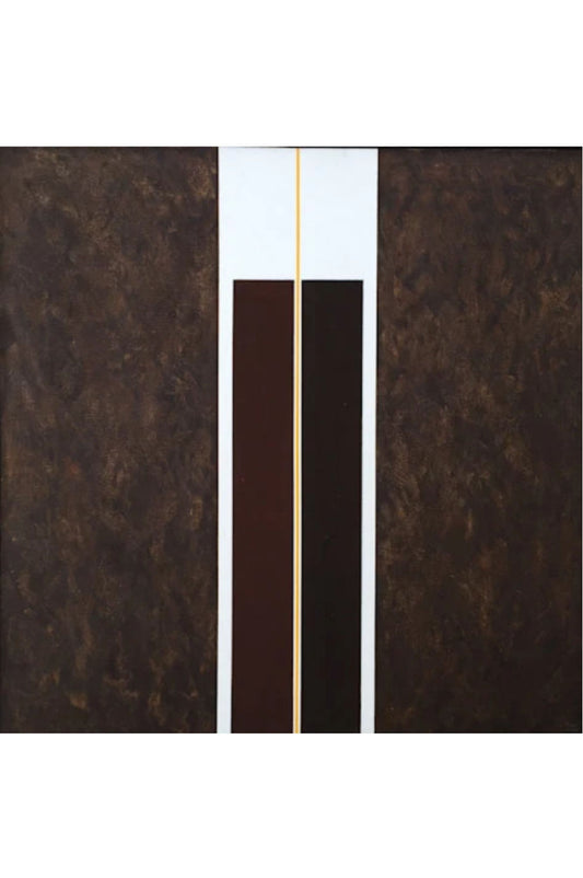 An abstract rectangular artwork with two large dark brown textured side panels, a central white vertical band, and two dark brown rectangular sections in the middle separated by a thin gold line.