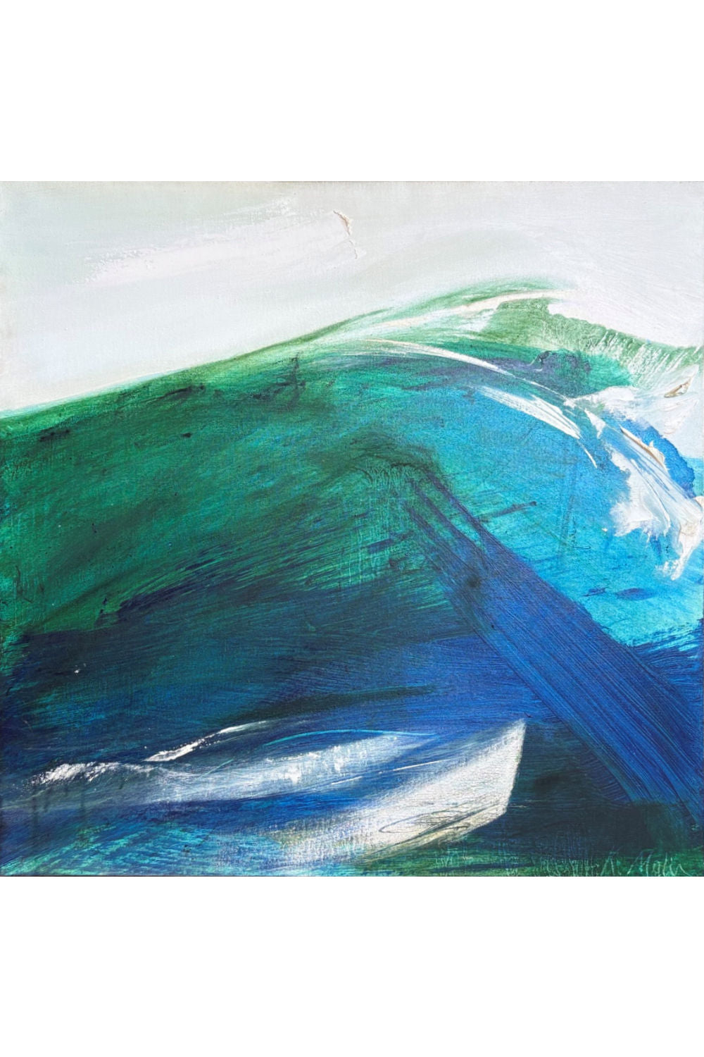 An abstract painting depicting a wave or fluid motion in shades of green, blue, and white, with a white border around the artwork.