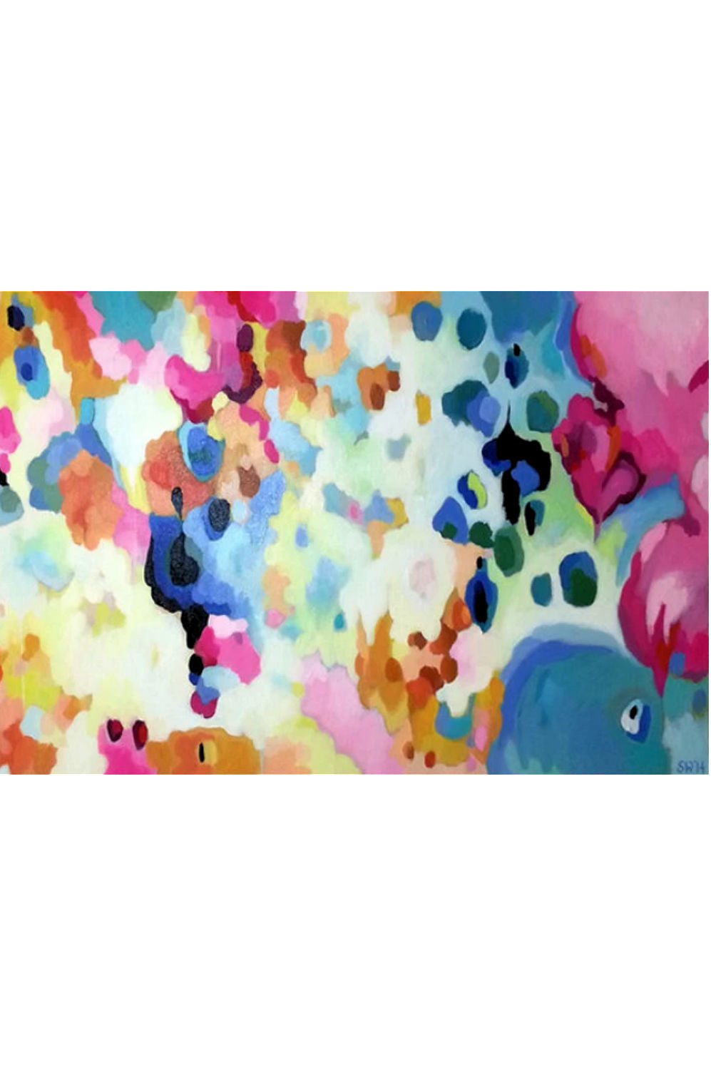 An abstract colorful painting with splashes and dots of pink, blue, yellow, orange, green, and purple on a white canvas, featuring a blue whale silhouette on the bottom right.