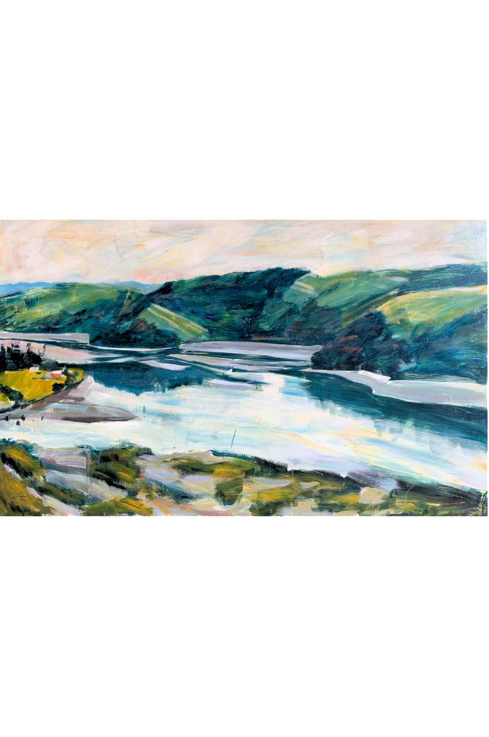 An impressionistic landscape painting 0f Waiwera NZ depicting a river or lake winding through green hills under a pale sky, rendered in expressive brushstrokes of blue, green, yellow, and white.