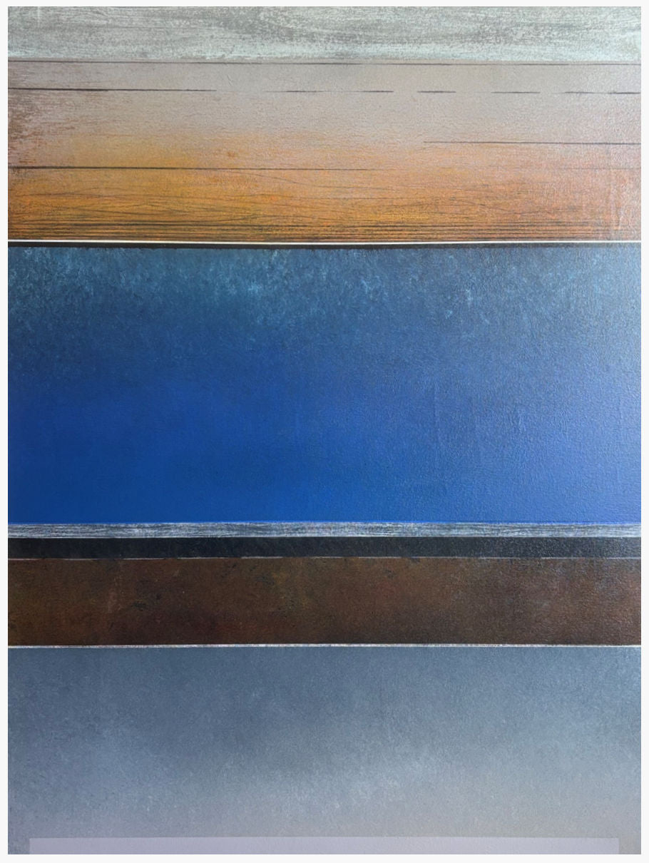 An abstract horizontal striped painting with textured bands of gray, brown, orange, and deep blue.