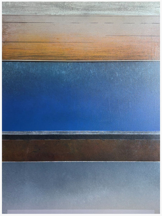 An abstract horizontal striped painting with textured bands of gray, brown, orange, and deep blue.